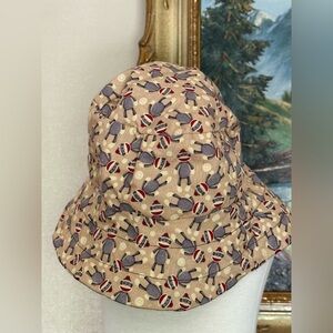 Vintage Handmade Cotton Beige Bucket Hat with Sock Monkey Print